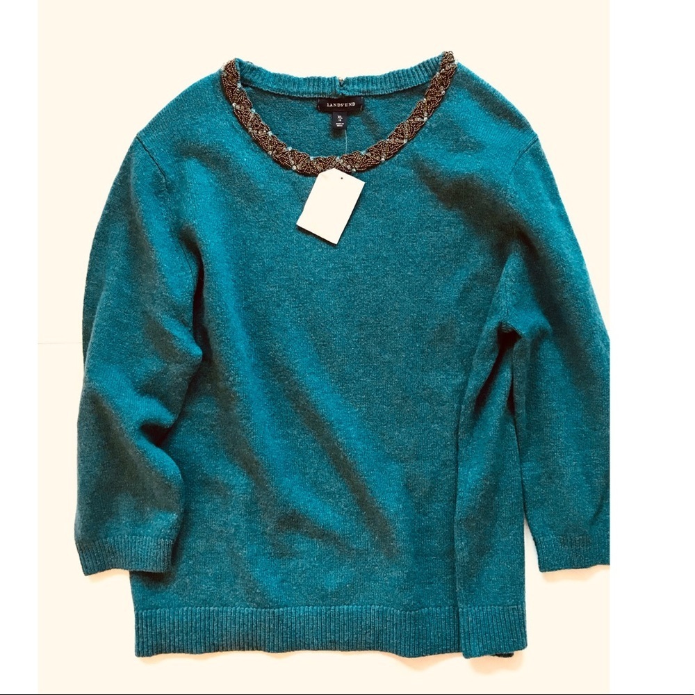 Lands' End Teal Crewneck Wool Blend Sweater with Embellished Scoop